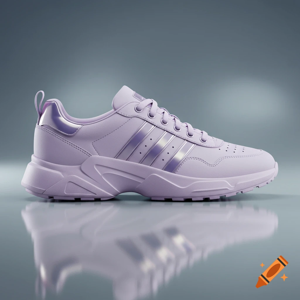 A photorealistic light purple women's sneaker with metallic stripes, seen from the right side, reflected on a gray surface.