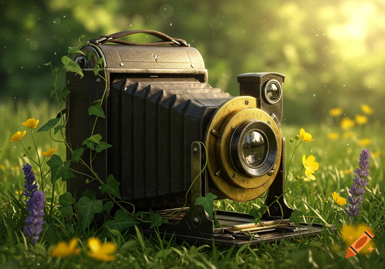 A vintage black and brass folding camera sits in vibrant green grass with yellow buttercups and purple lavender in a sunlit meadow.