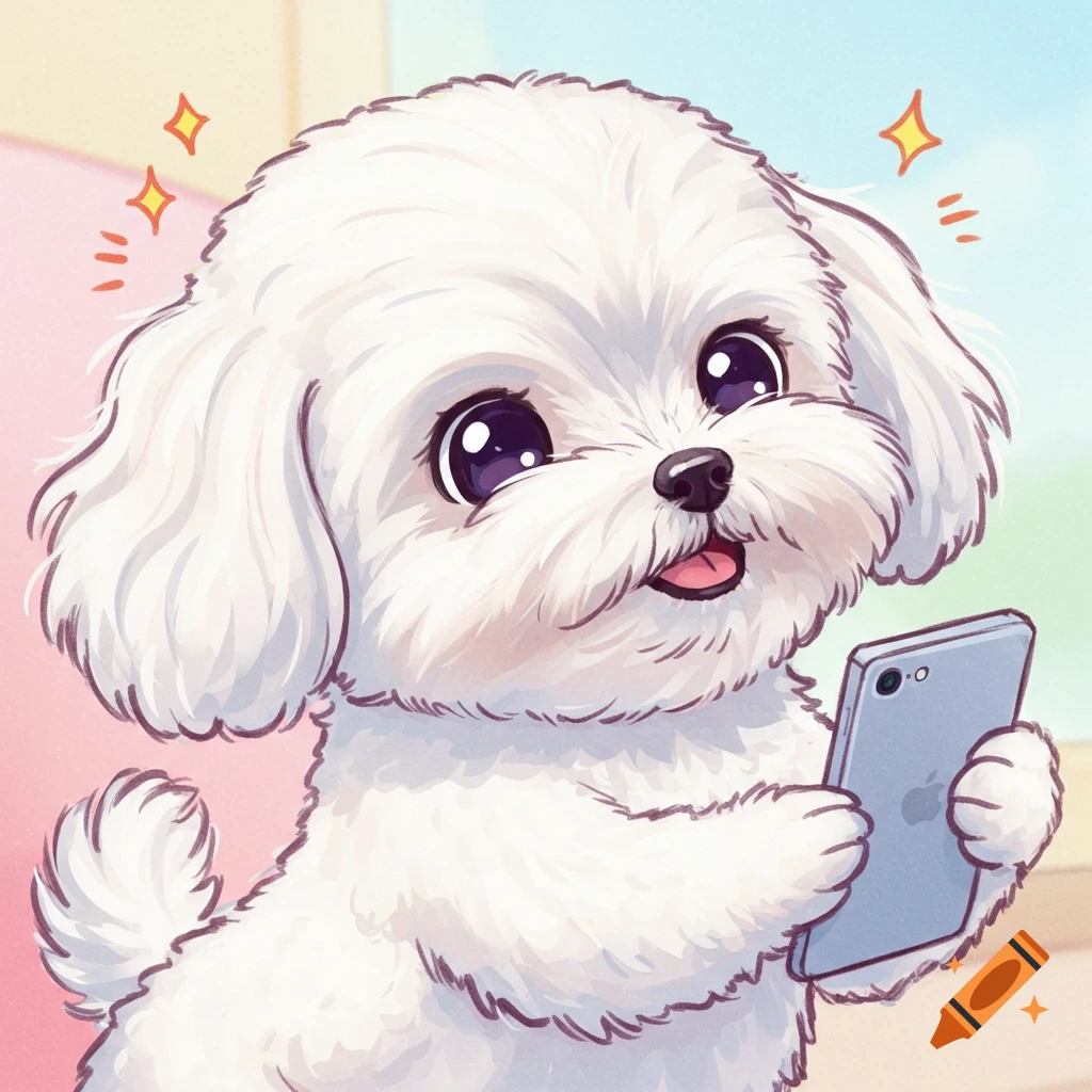 A cute, fluffy white Maltipoo dog in comic style holds a smartphone in its paw, looking happy with big, shiny eyes.