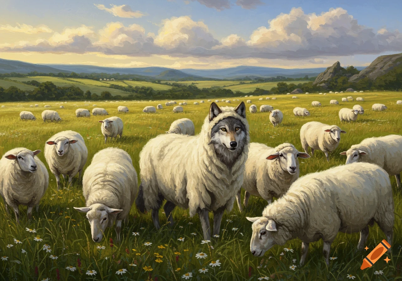 Romanticism styled painting of a wolf in sheep's clothing standing among a herd of sheep in a green, hilly field under a cloudy sky.