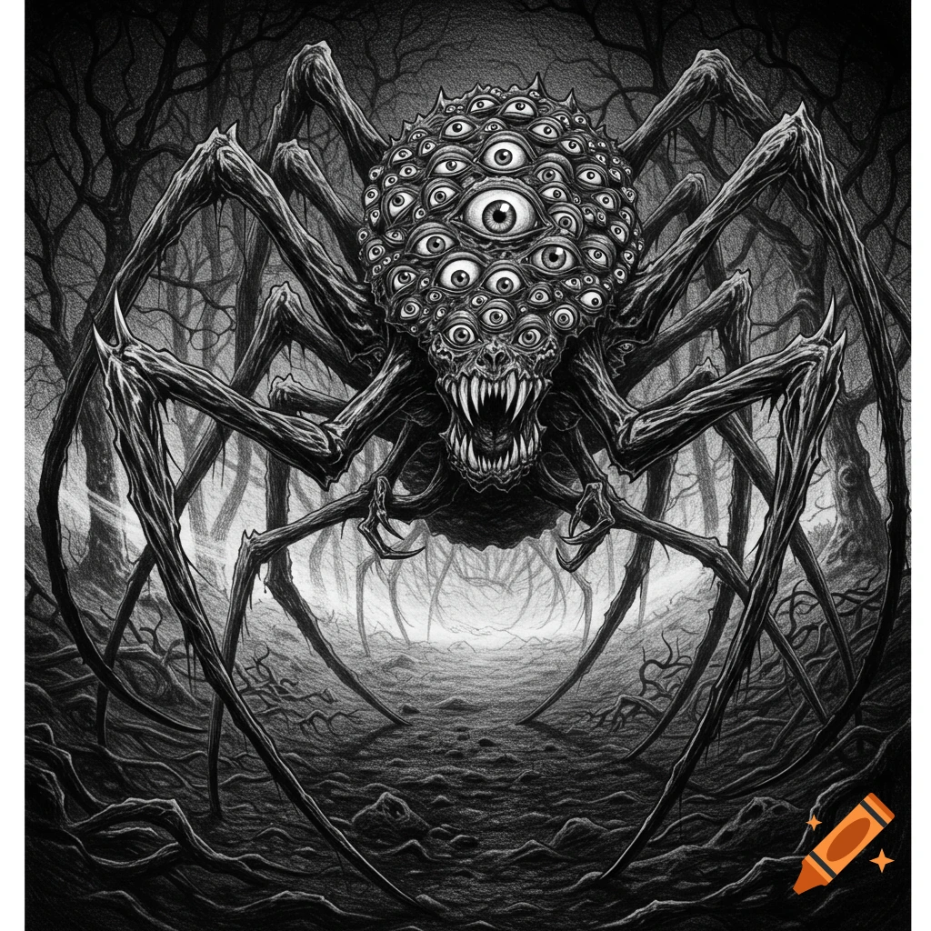 Black and white pencil drawing of a monstrous spider-like creature with many eyes and sharp teeth in a dark, gnarled forest.