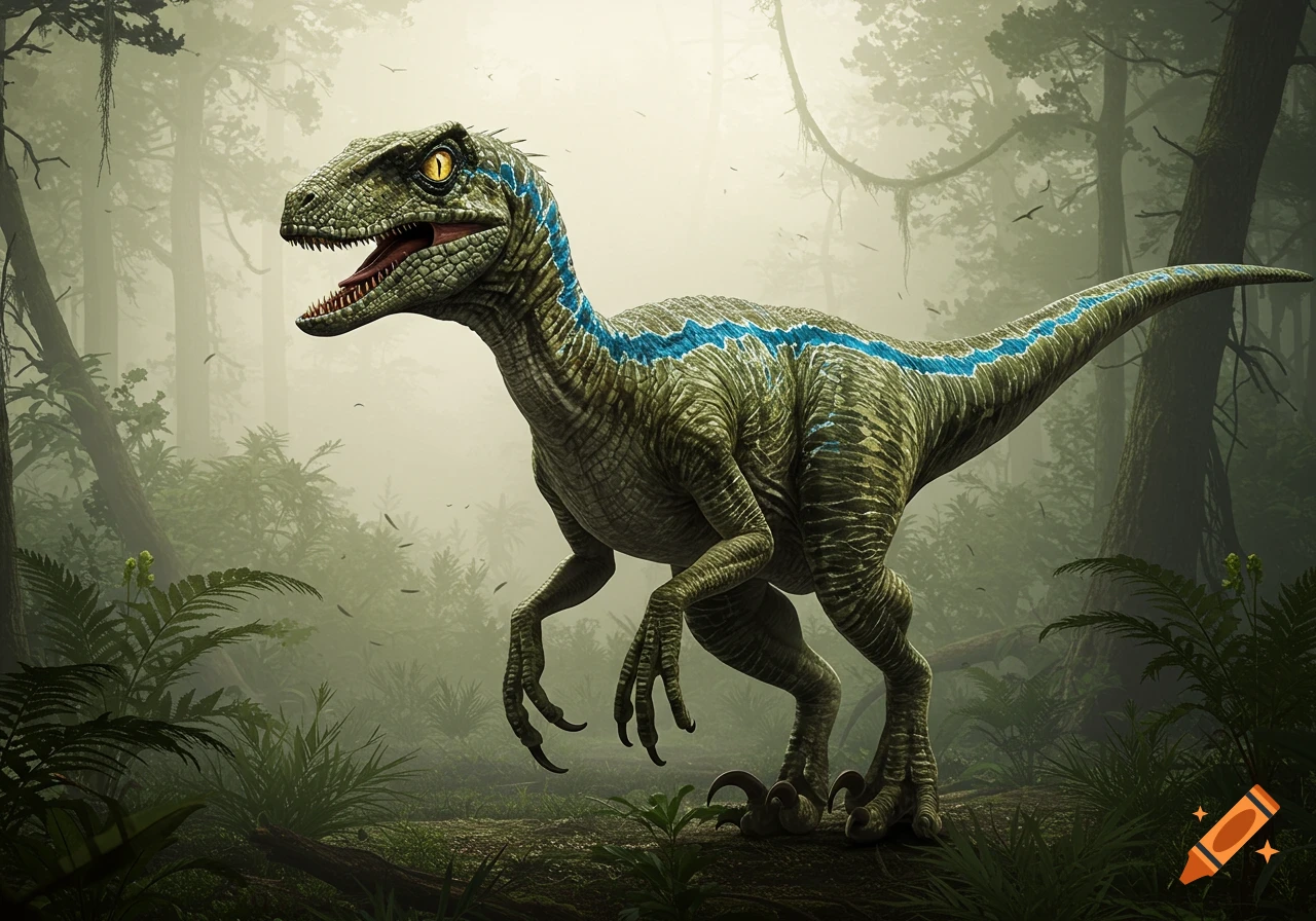 A photorealistic Velociraptor with blue stripes stands in a misty, dense jungle environment.