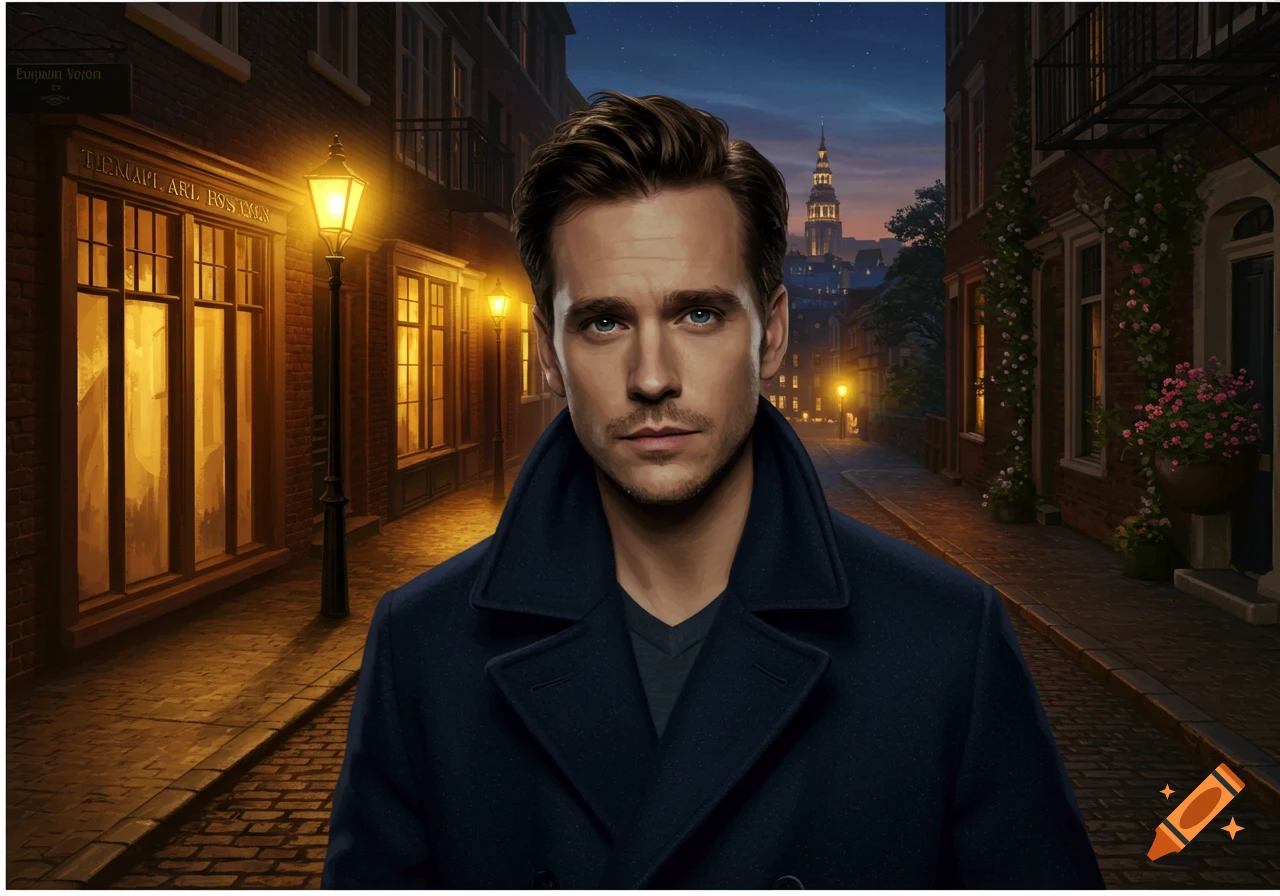Portrait of a man in a dark coat on a cobblestone street at night with glowing lampposts and old buildings.