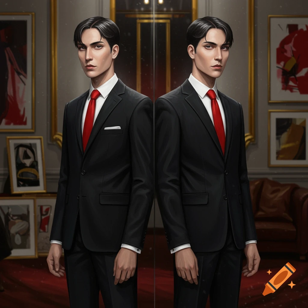Two identical twin men in black suits with red ties stand in a formal room with paintings, digital art.