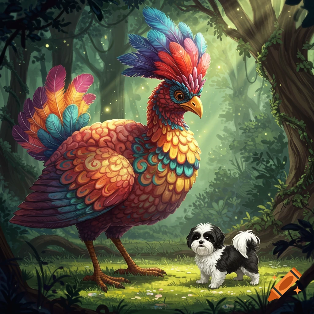 A large, vibrant fantasy bird with rainbow feathers stands in an enchanted forest next to a small black and white Shih Tzu dog.
