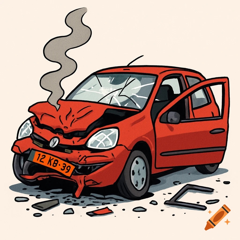A cartoon drawing of a red car with severe front-end damage, smoke, a cracked windshield, and an open, crooked door, surrounded by debris.