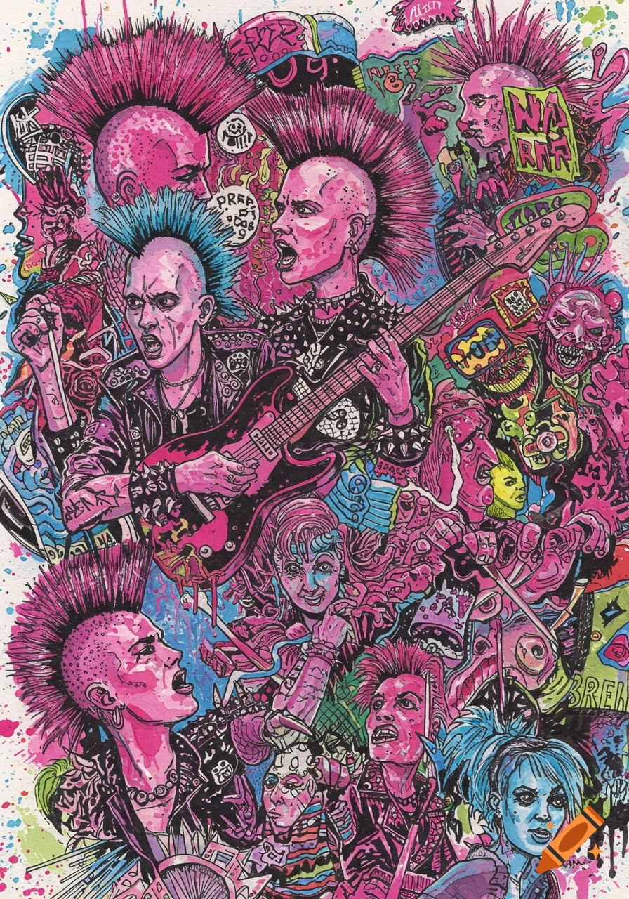 A vibrant, abstract psychedelic watercolor illustration of a punk rock scene with multiple figures, some playing guitars, in bright pink, blue, and black ink.