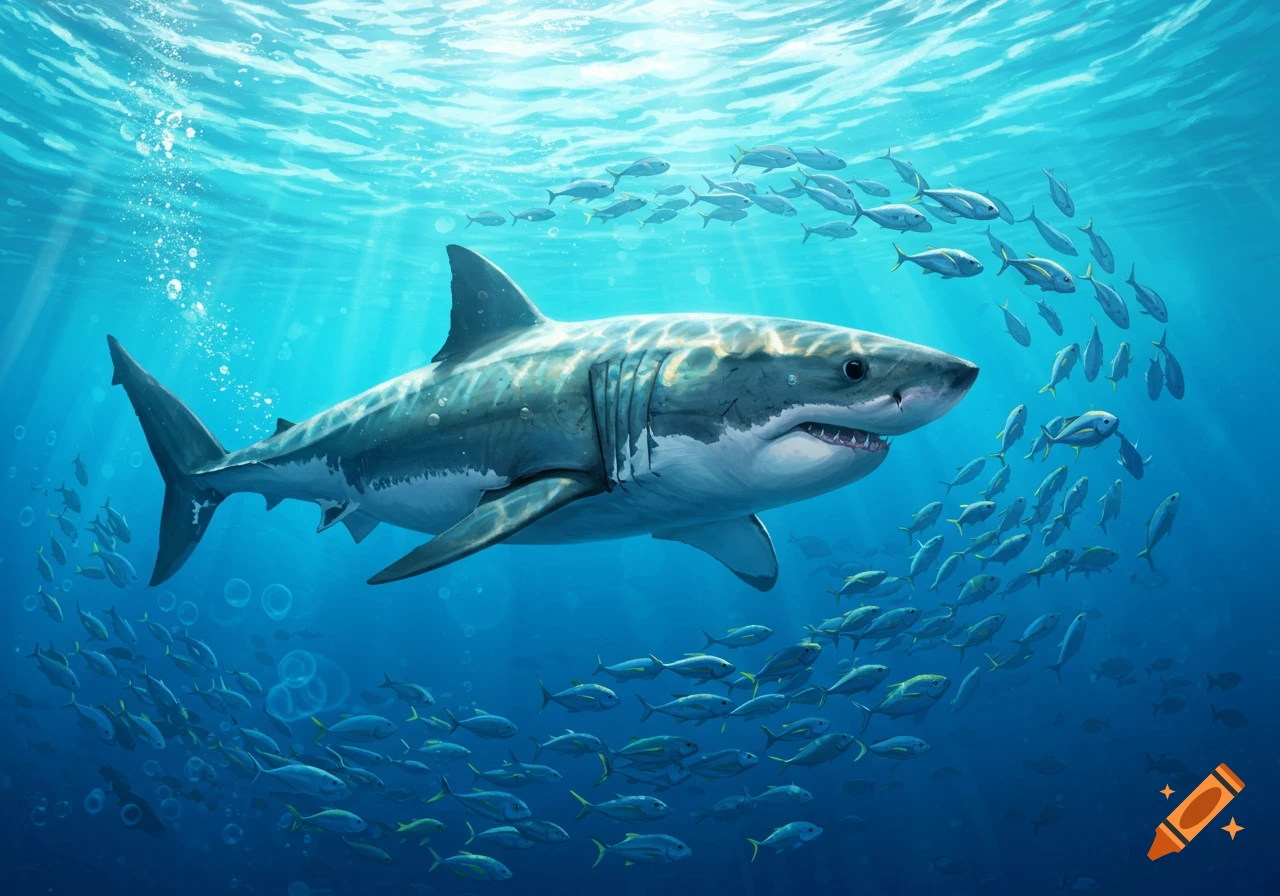 A majestic great white shark swims through clear blue ocean water, surrounded by a large school of small silver fish.