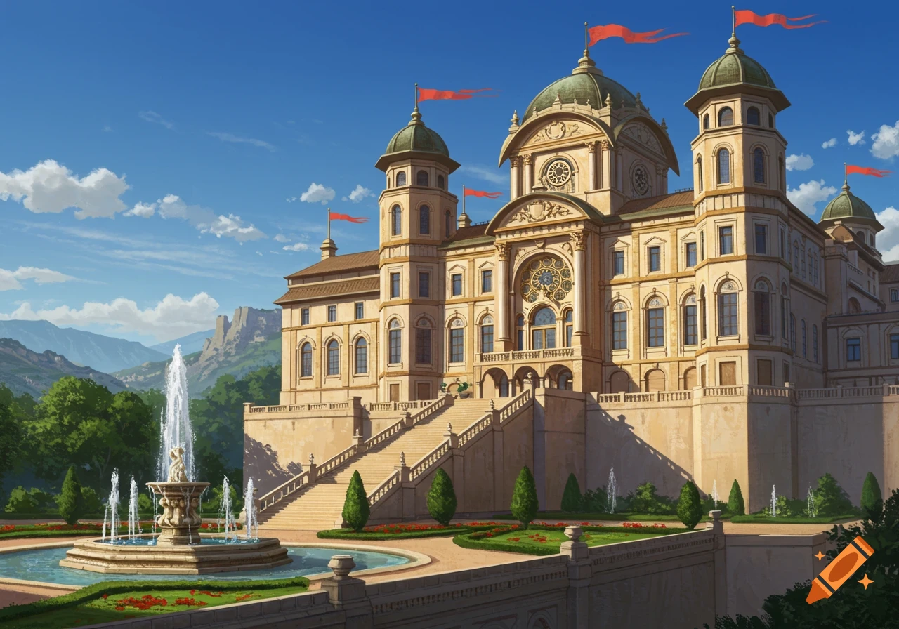 An ornate palace with green domes, red flags, a grand staircase, a large fountain, and landscaped gardens under a blue sky.