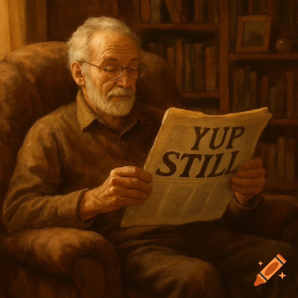 An old man with a white beard and glasses sits in a recliner, engrossed in a newspaper with the headline 'YUP STILL'.