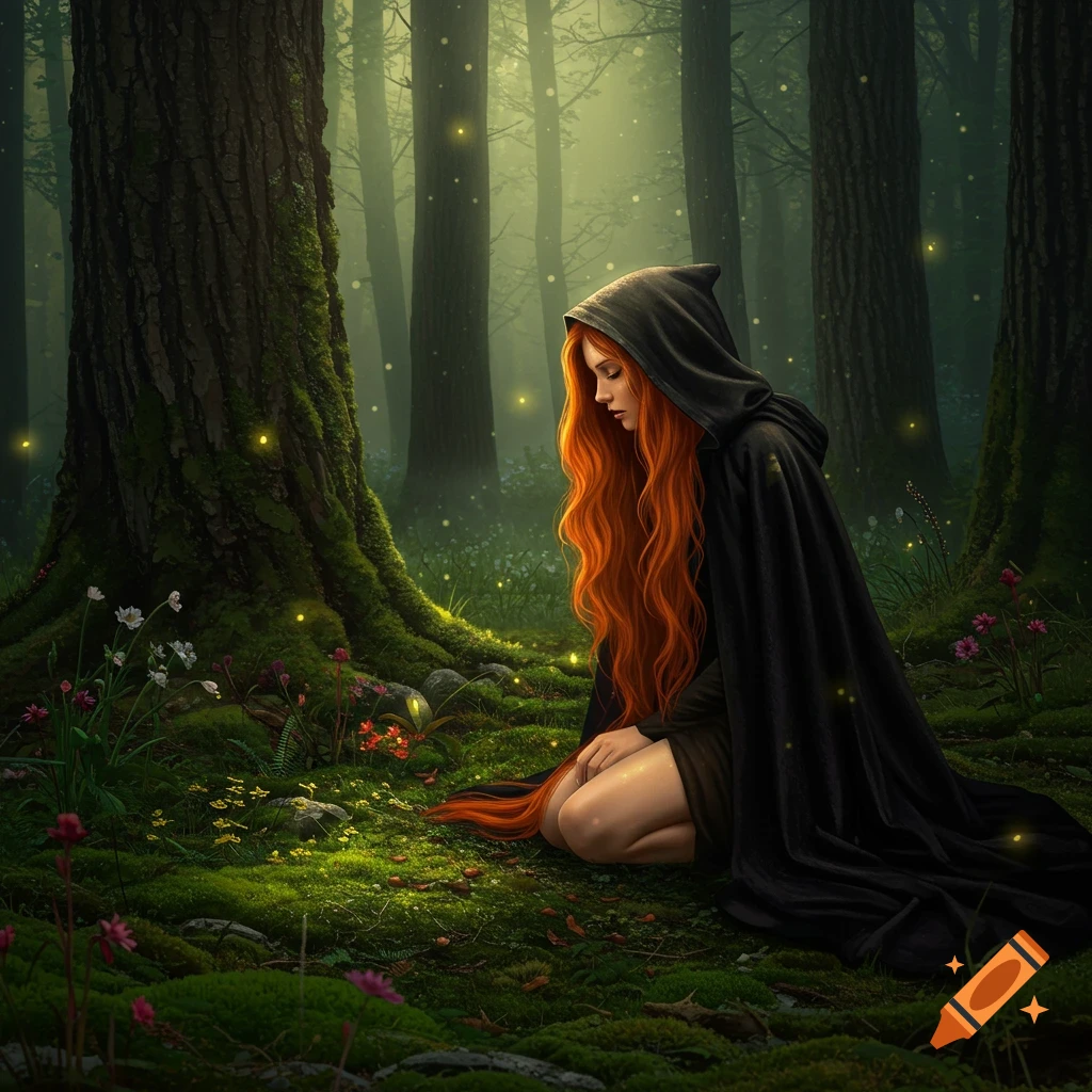 Fantasy illustration of a woman with long red hair and a black hooded cloak kneeling in an enchanted forest with glowing lights.
