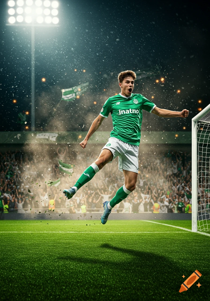 A young footballer in a green jersey celebrates scoring a goal, jumping in the air on a stadium field.