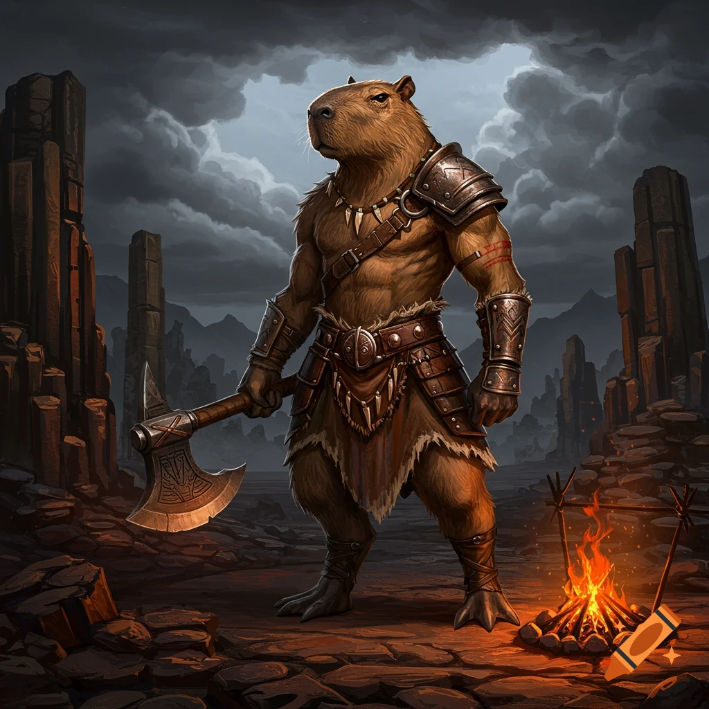 A powerful humanoid capybara barbarian in armor holds an axe in a desolate, stormy landscape with a campfire.
