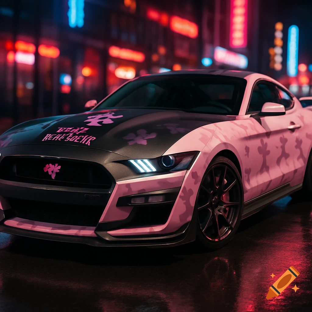 A photorealistic custom pink and black Ford Mustang in a neon-lit urban night scene with reflections.