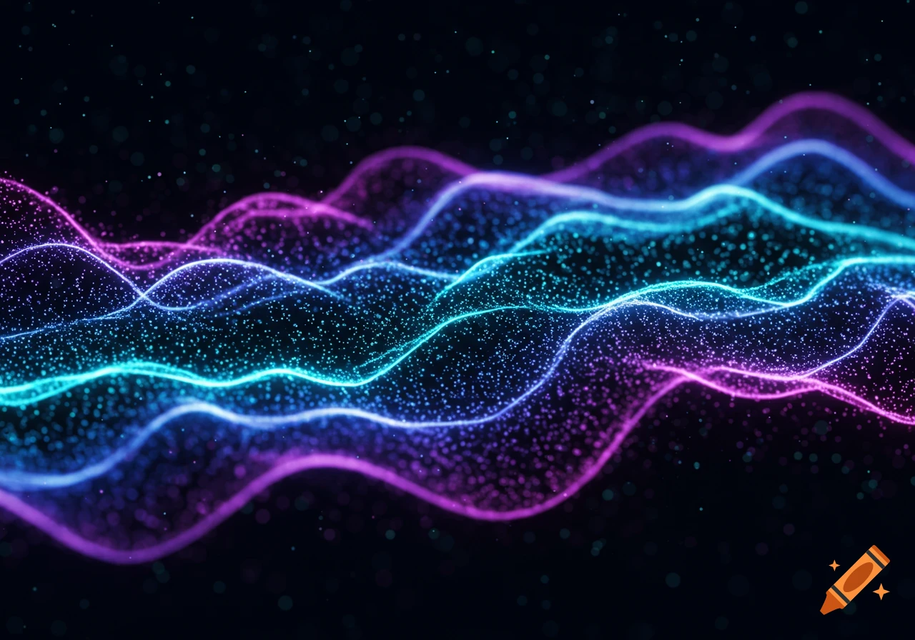 Abstract digital art featuring glowing wavy lines in shades of blue, purple, and pink, composed of many small particles, against a dark background.