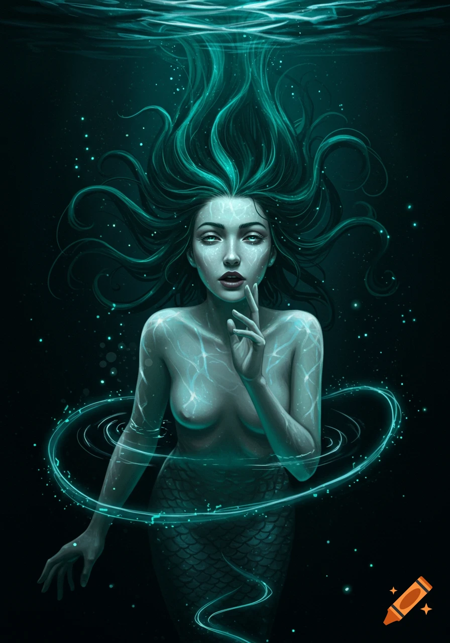 A mystical siren with glowing green hair and skin, emerging from dark water with ripples, looking intensely at the viewer.