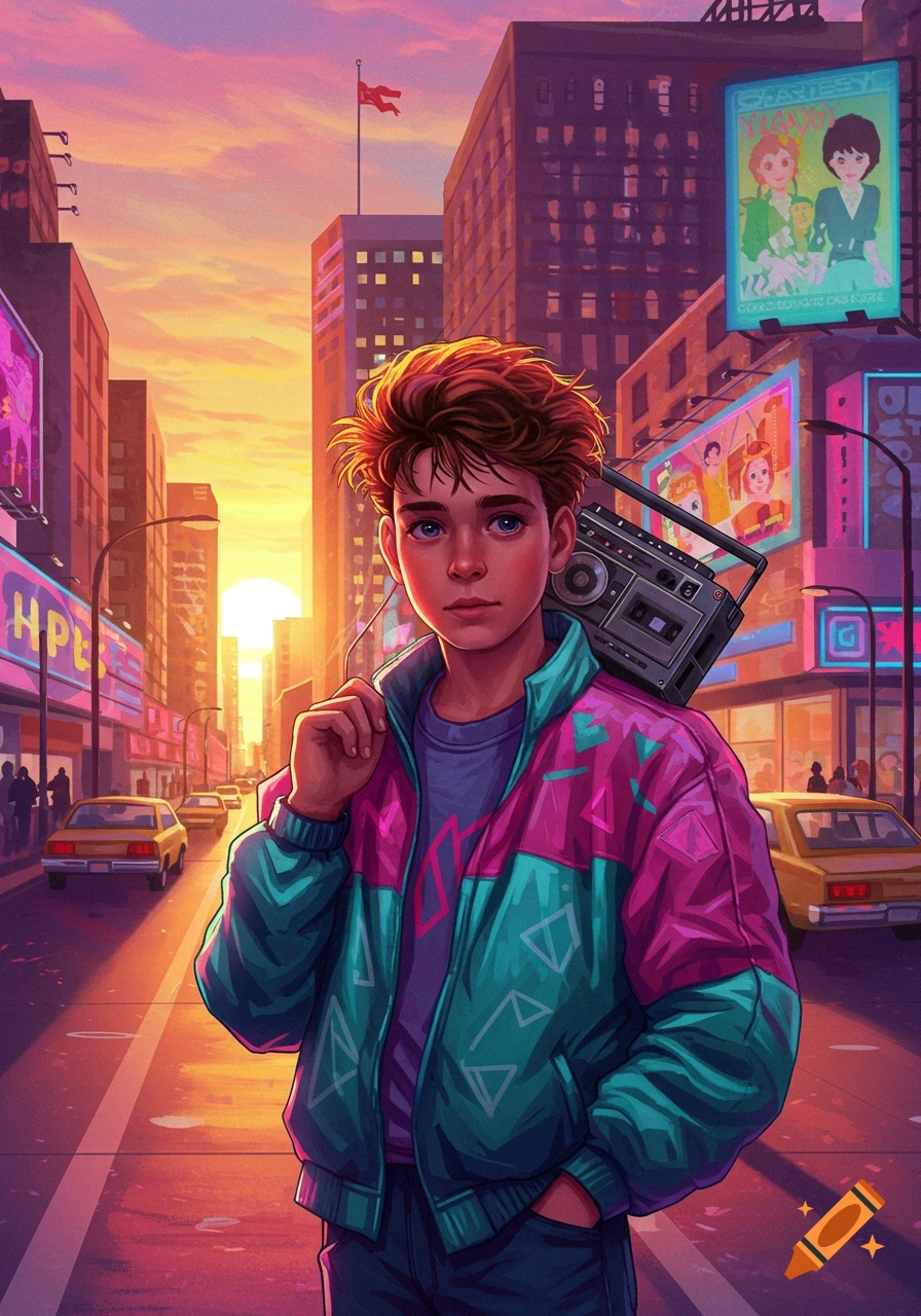 A boy with red hair, wearing an 80s-style teal and pink jacket, carrying a boombox over his shoulder on a city street at sunset.