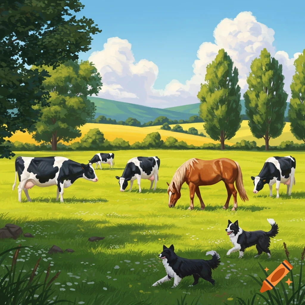 An illustration of cows, a horse, and two border collies grazing in a sunny green pasture with trees and hills.
