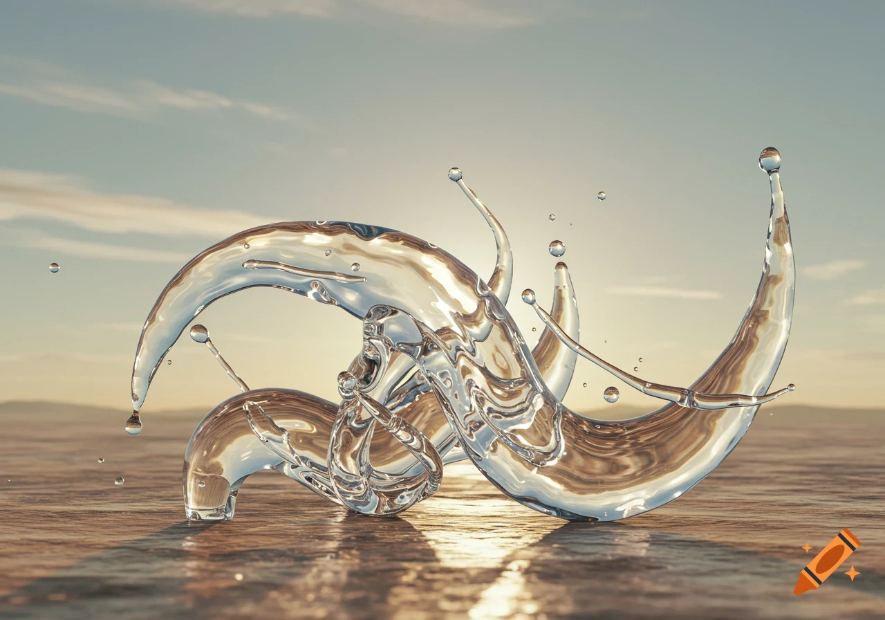 Intertwined, clear liquid glass shapes rise from calm water under a soft, hazy sky.