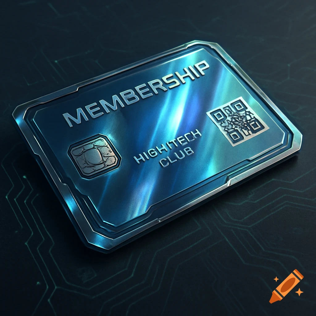 A blue, futuristic membership card with "MEMBERSHIP" and "HIGHTECH CLUB" text, a microchip, and a QR code, on a dark circuit background.