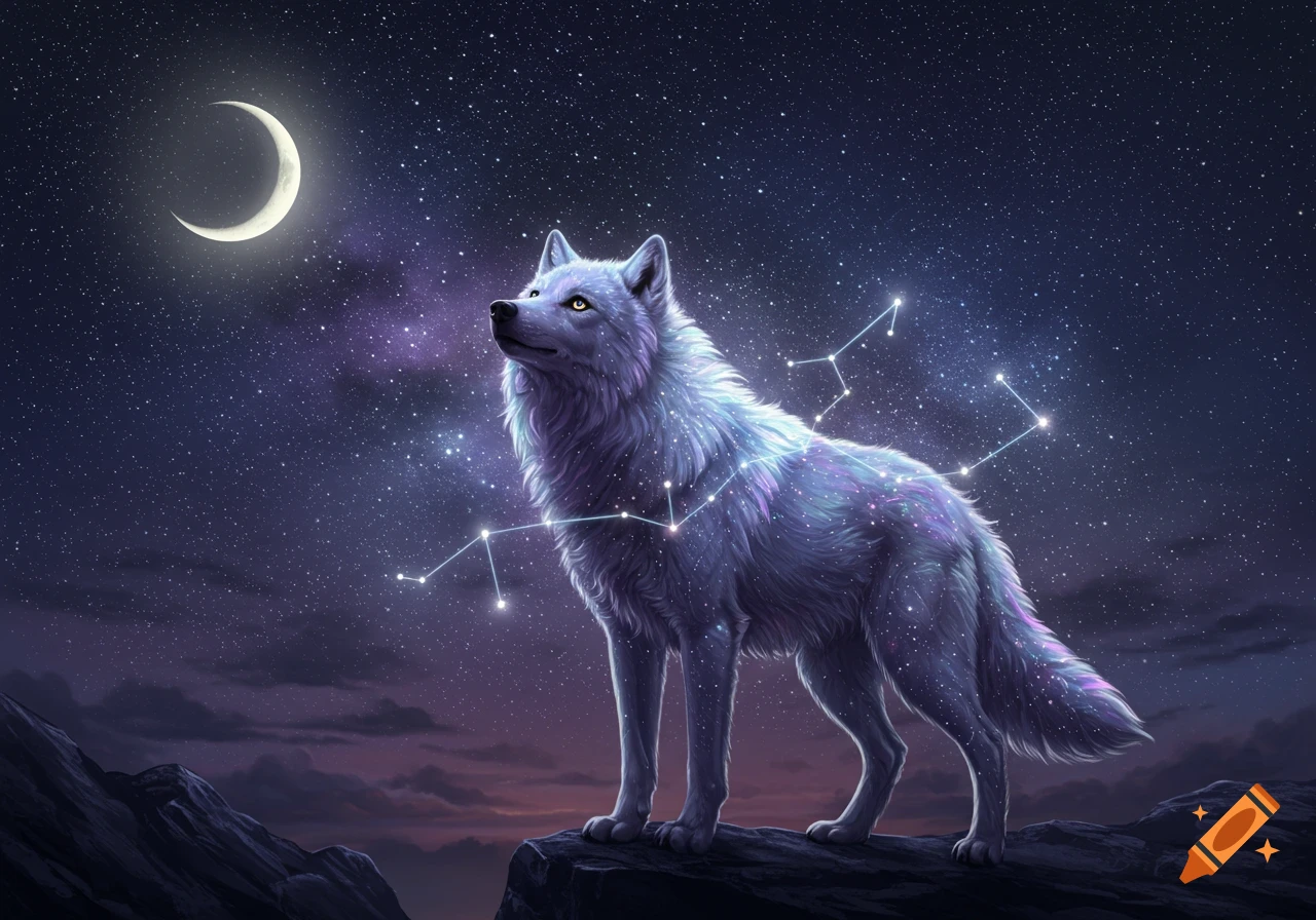 A stylized white wolf with luminous, starry fur and constellations stands on a rock, gazing at a crescent moon and vibrant night sky.