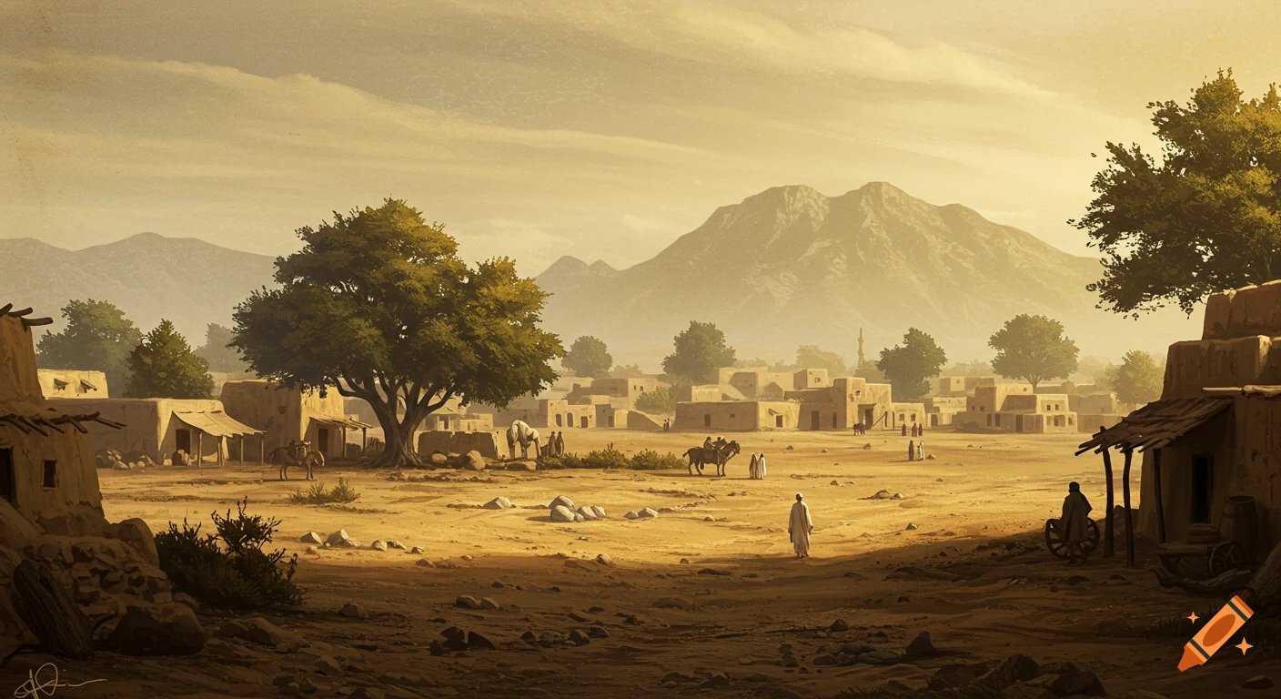 A desert village with mud houses, old trees, people, and animals under a warm golden sky with mountains in the distance, in an old manuscript style.
