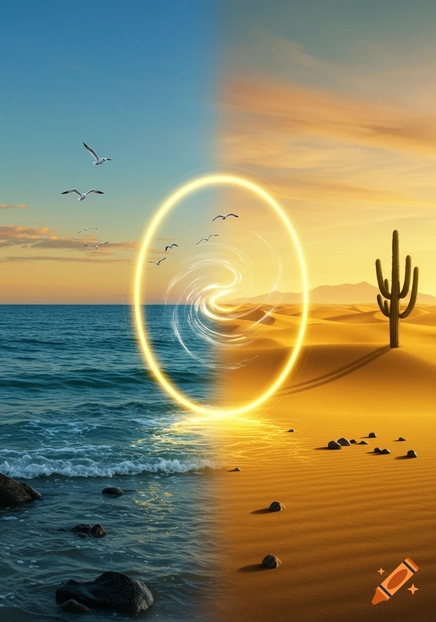 A glowing circular portal separates a blue ocean with waves from a golden desert with a saguaro cactus, under a split blue and orange sky.