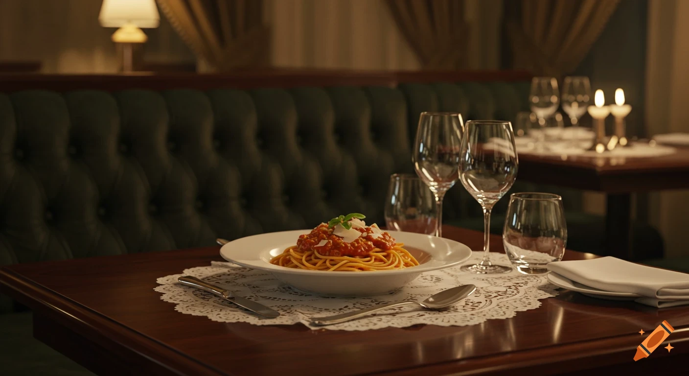 Photorealistic plate of spaghetti on an elegantly set table with glasses and silverware in a dimly lit restaurant.