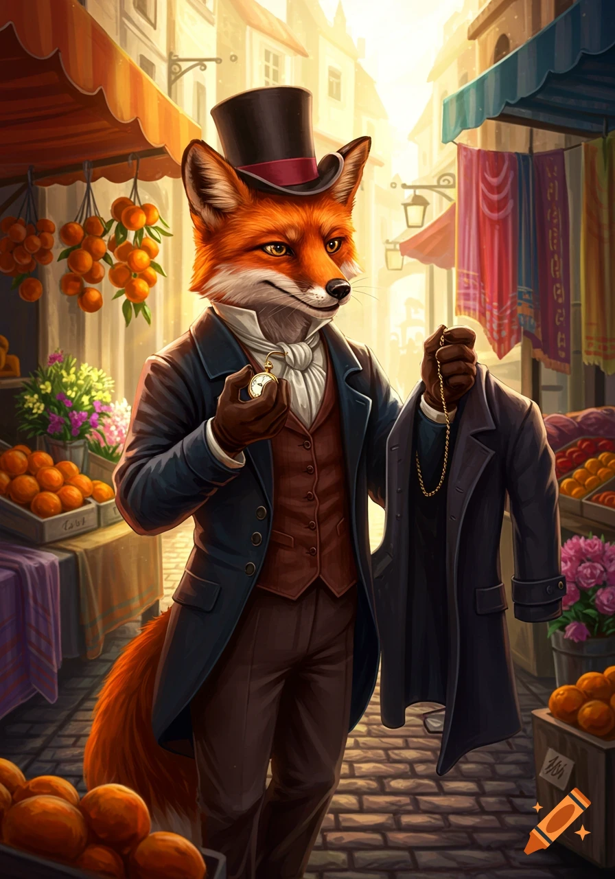 An anthropomorphic red fox in a top hat and suit holds a pocket watch and an overcoat in a bustling market scene, digital art.