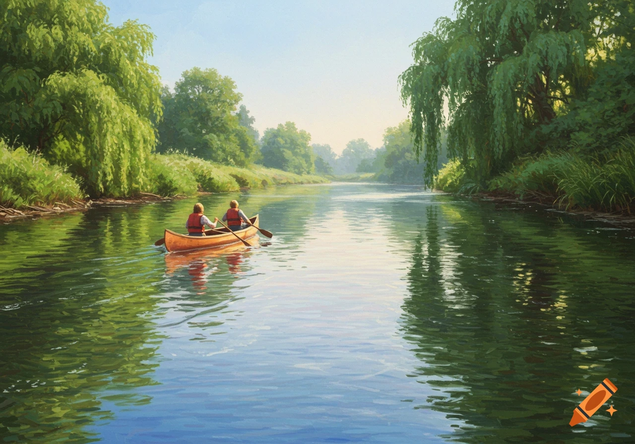 Two people in a canoe paddle down a serene river lined with lush green trees, in a painting style.