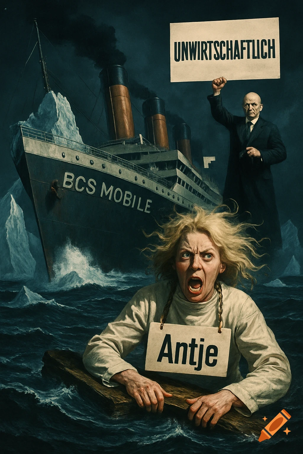 Dramatic art of a sinking Titanic-like ship with text "BCS Mobile". A man holds an "UNWIRTSCHAFTLICH" sign. A distressed woman with an "Antje" sign floats on wood in the water.