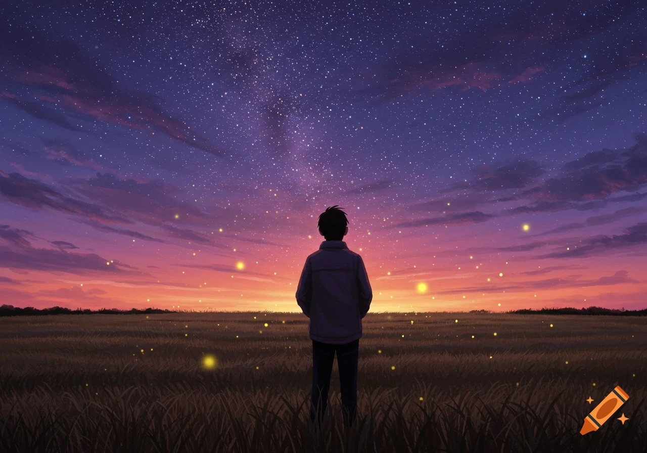 A person stands in a field at twilight, gazing up at a vibrant purple and orange sky filled with countless stars and glowing fireflies.