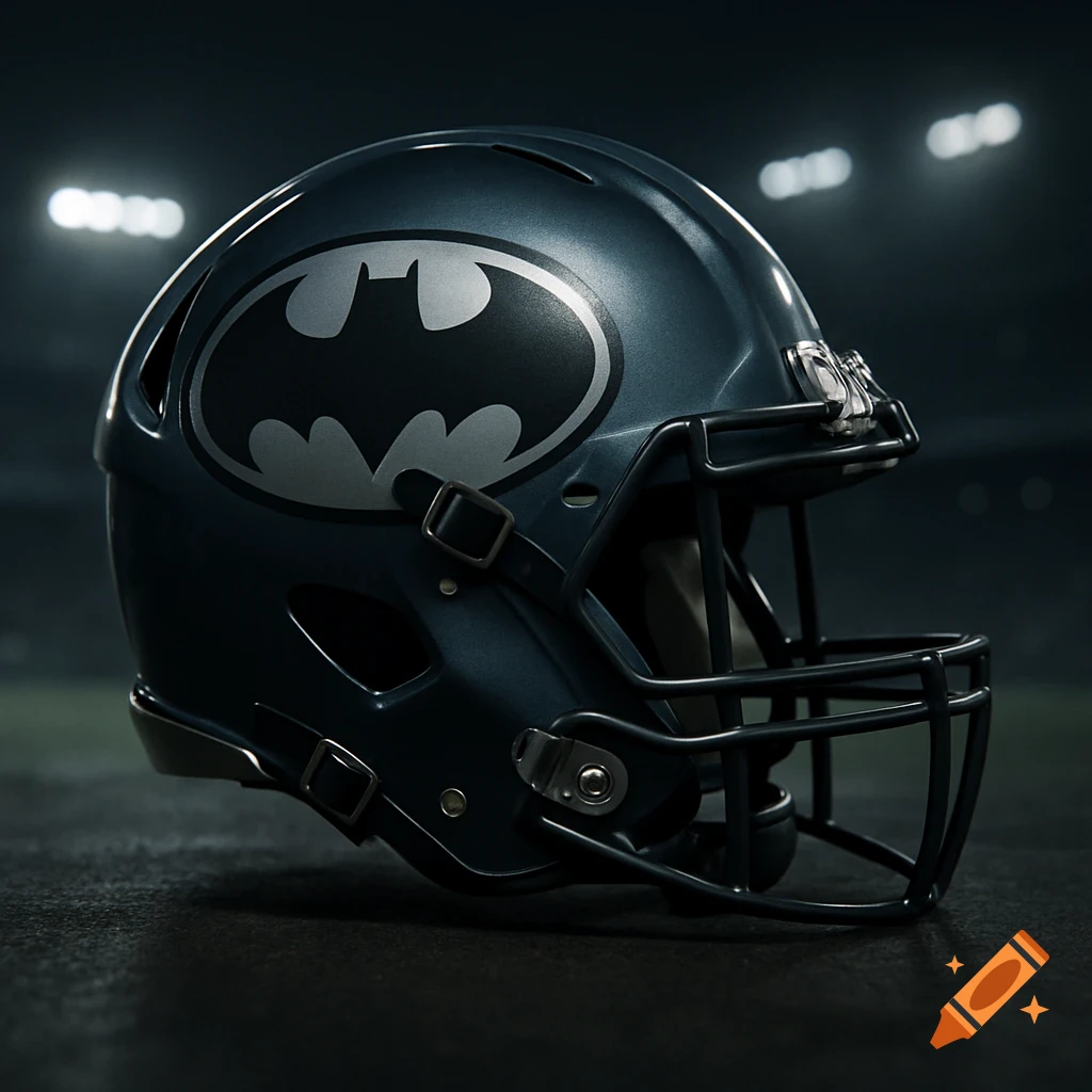 A dark blue football helmet with a silver Batman logo on the side, illuminated by stadium lights.