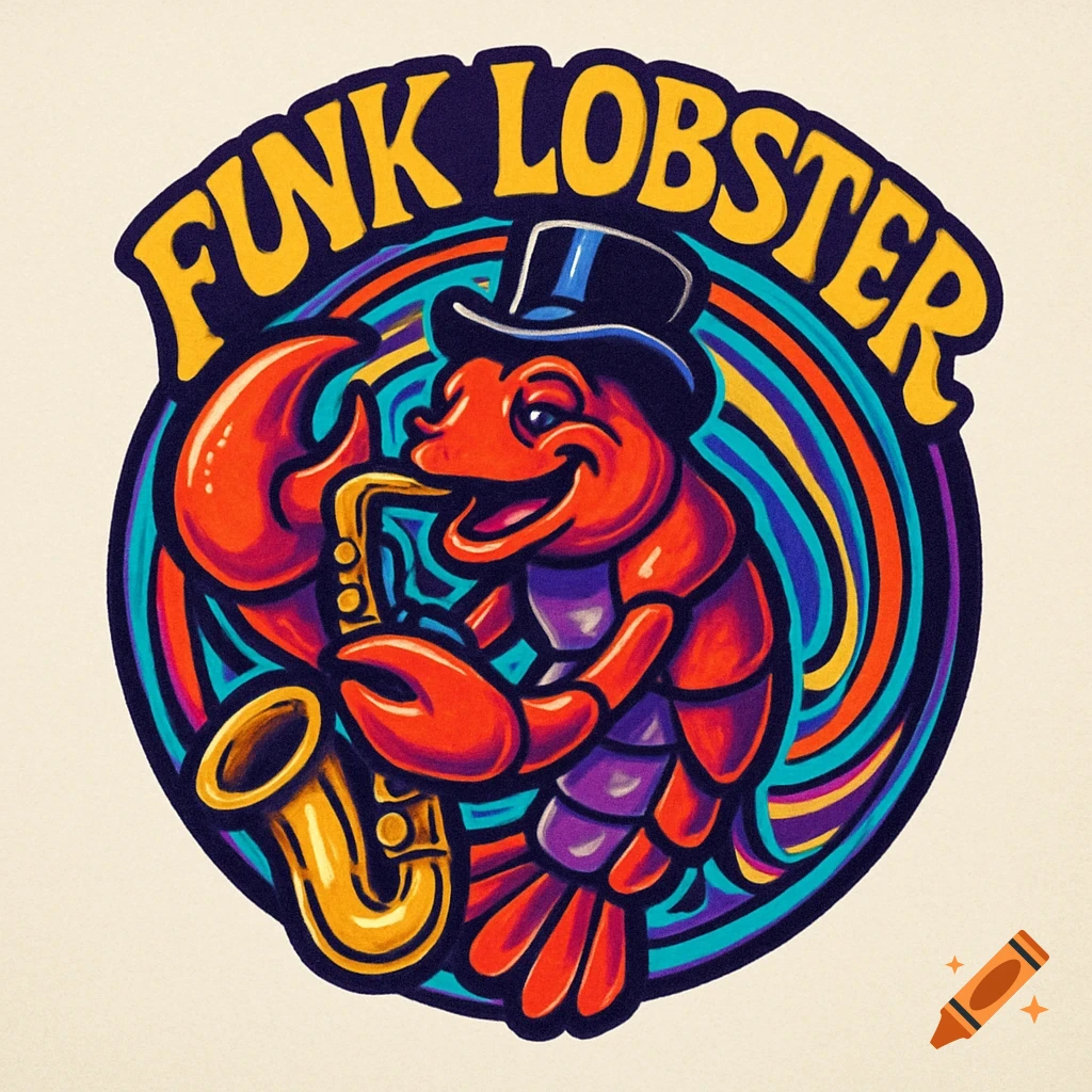 A vibrant cartoon logo featuring a red lobster wearing a top hat and playing a golden saxophone, with 'FUNK LOBSTER' text above.