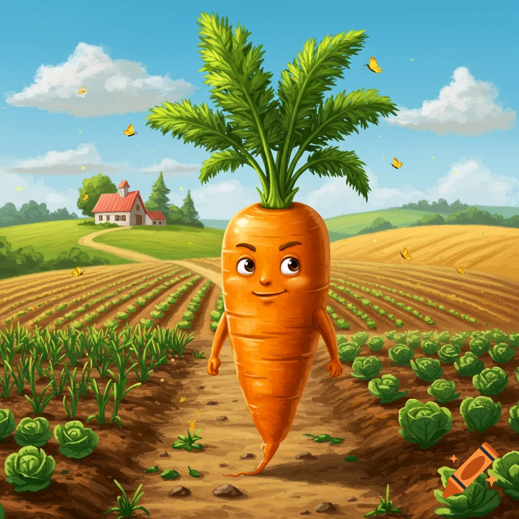 A cheerful cartoon carrot character with a green top walks down a dirt path through farm fields, with a farmhouse in the background.