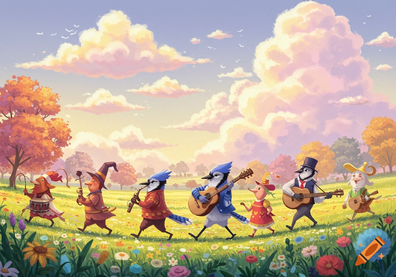 A whimsical cartoon illustration depicts animal musicians, including blue jays, marching and playing instruments in a sunny, colorful field.