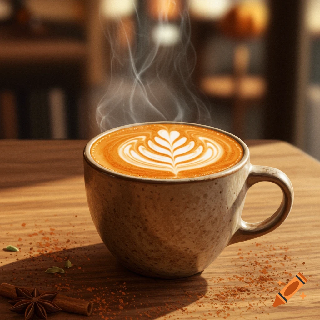 Steaming pumpkin spice latte with elaborate latte art in a rustic mug on a wooden table with spices.