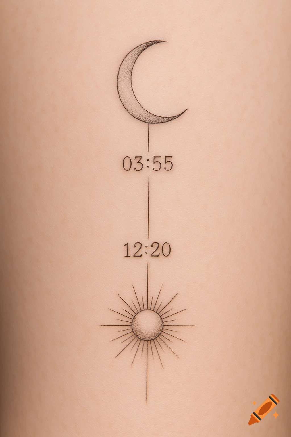 Minimalist fine-line tattoo on skin with a moon, '03:55', '12:20', and a sun connected vertically.