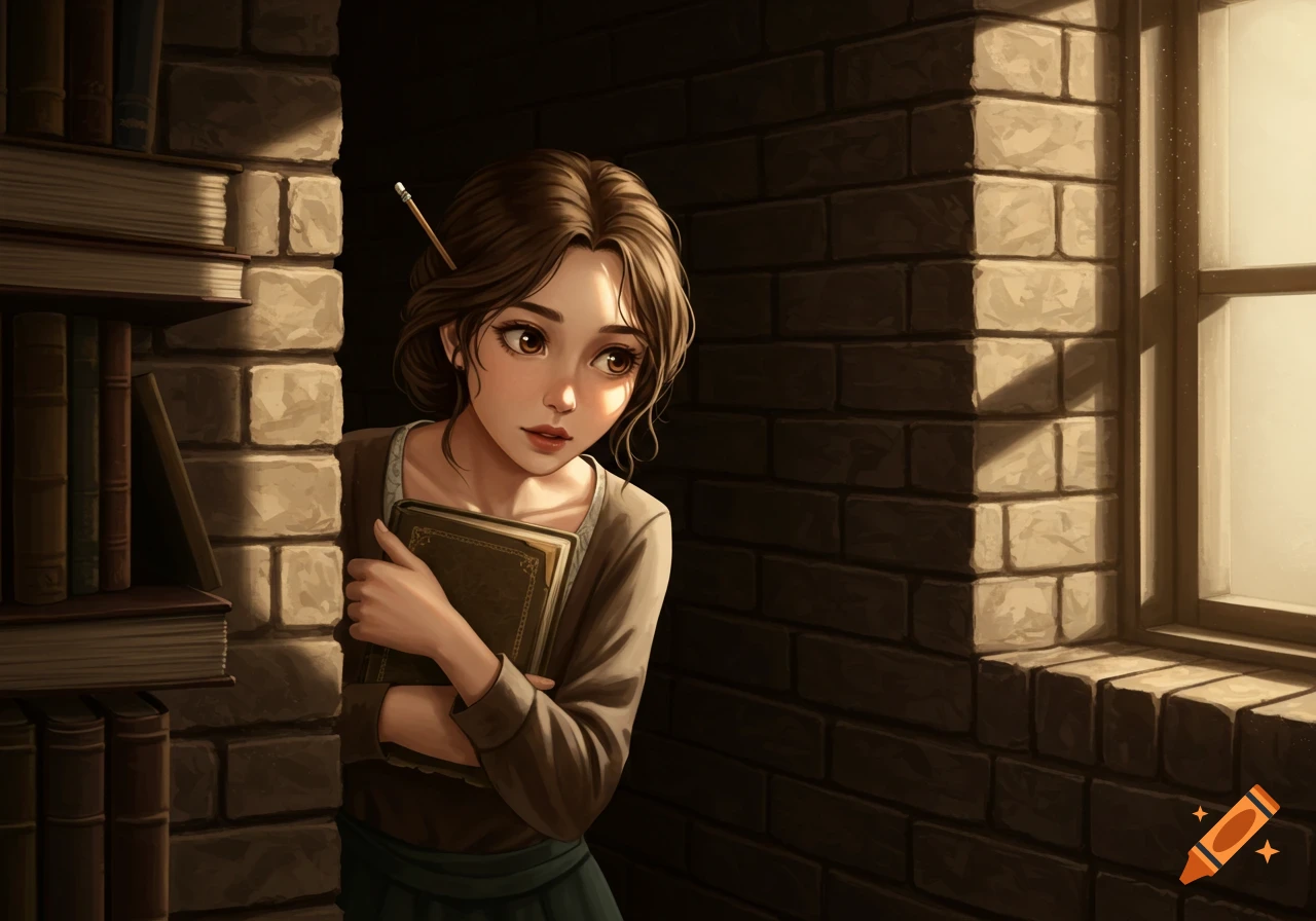 Shy anime woman with pencil in hair peeks from behind a brick wall, holding a book. Bookshelves and a sunlit window visible.