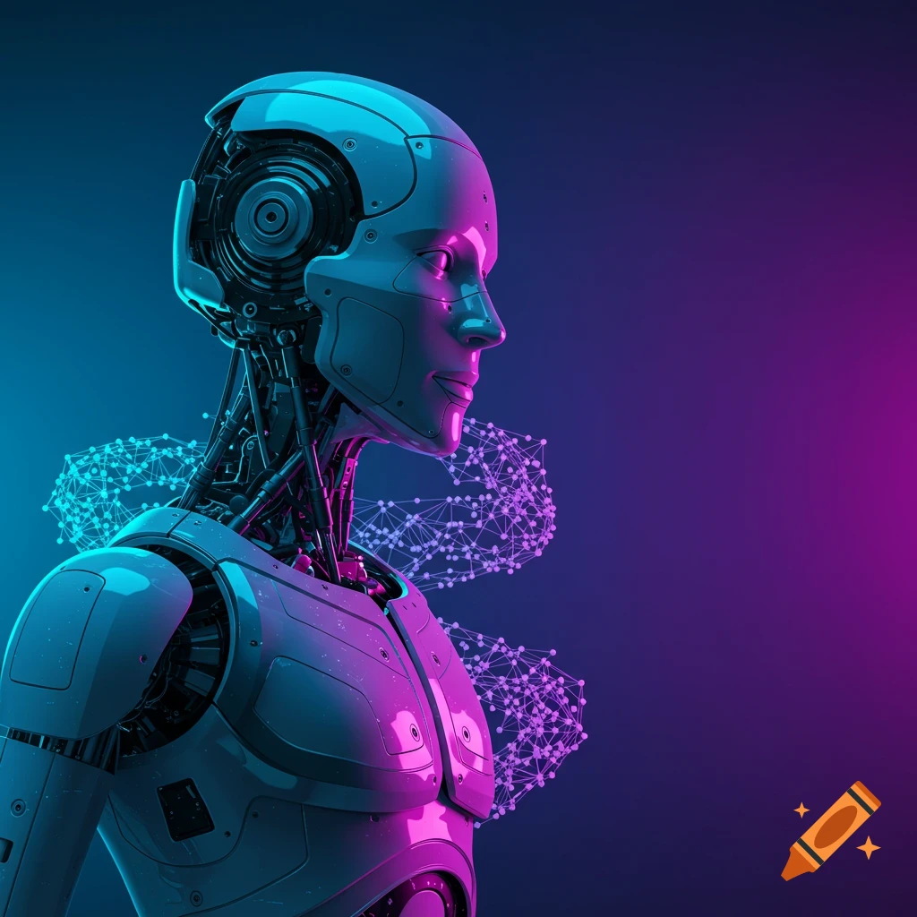 A futuristic humanoid robot bust with exposed neck wiring and a glowing neural network, bathed in vibrant blue and magenta neon light.