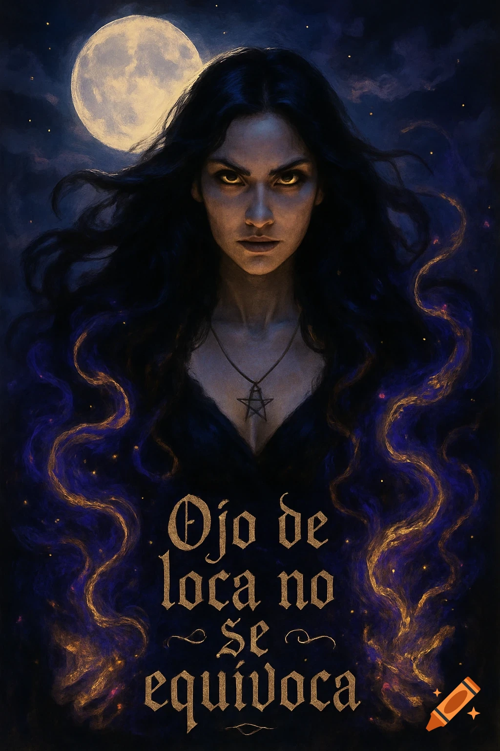 Mystical portrait of a witch with glowing eyes, dark flowing hair, a pentagram, and golden text 'Ojo de loca no se equivoca' under a full moon.