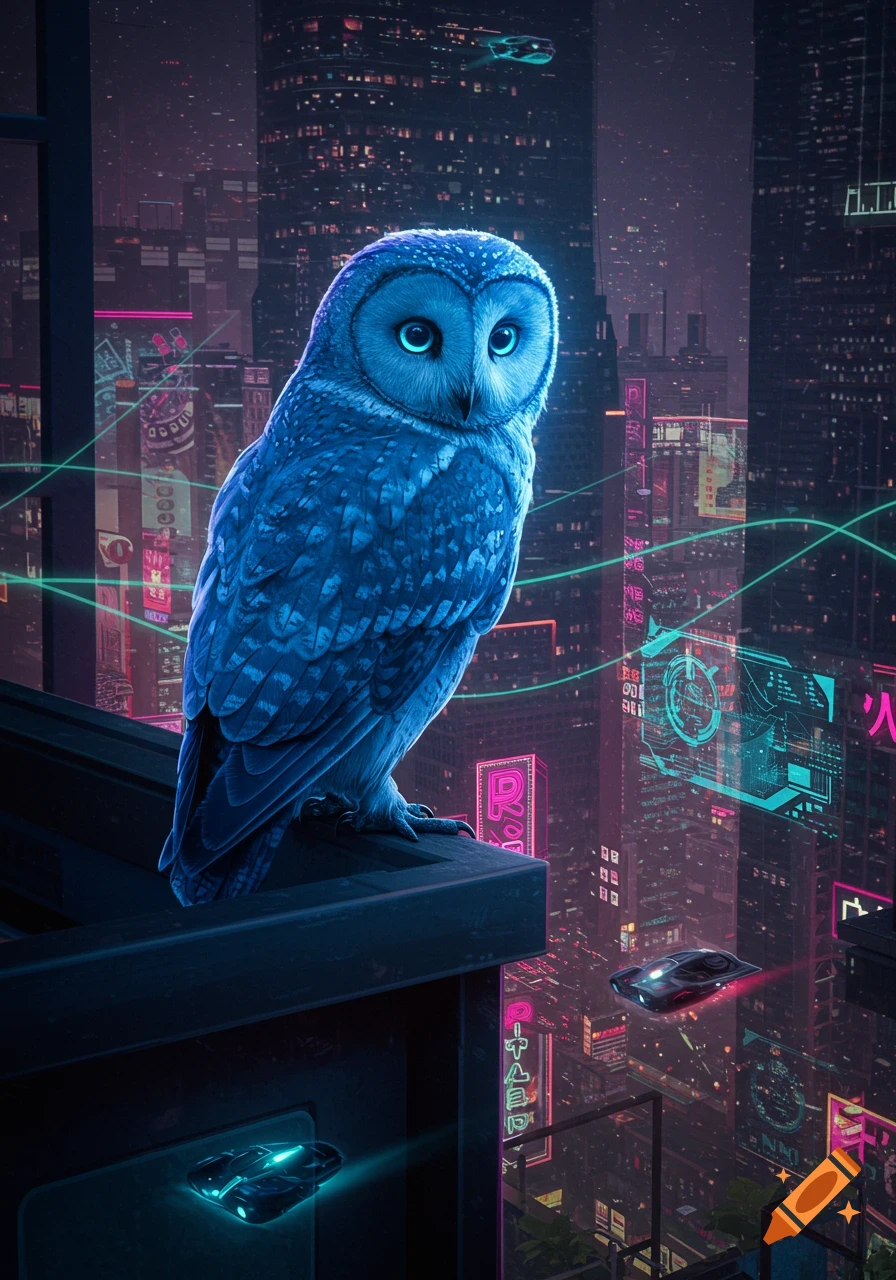 A vibrant blue owl perches on a building in a neon-lit cyberpunk city with flying vehicles and glowing data.