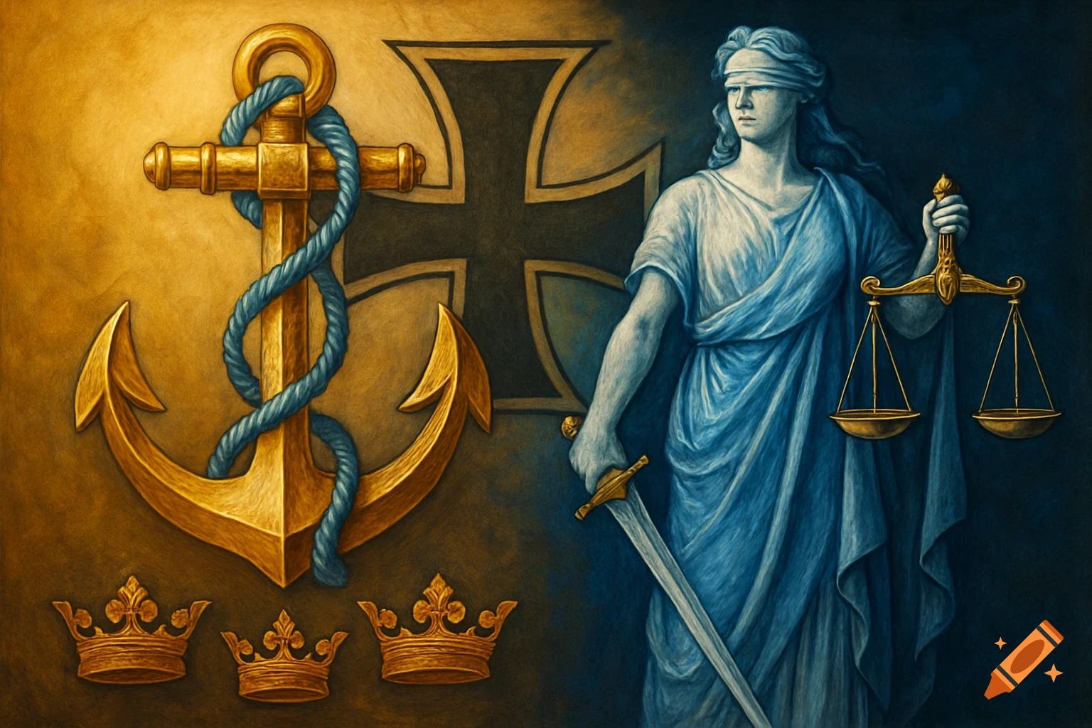 Symbolic painting of a golden anchor, three crowns, and Lady Justice blindfolded with a sword and scales, set against a dark cross.