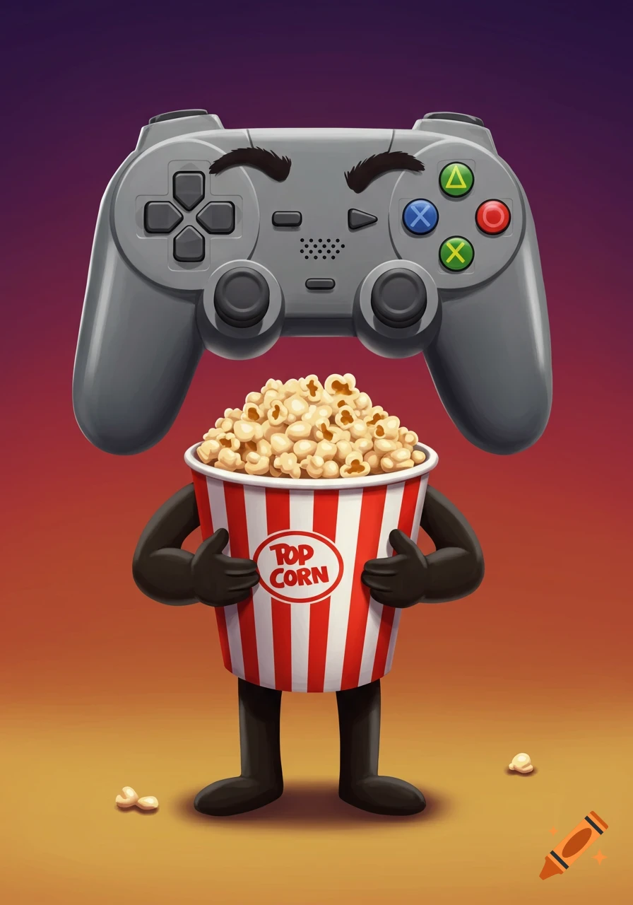 A happy cartoon character with a video game controller head and a popcorn bucket body, in a colorful illustration.