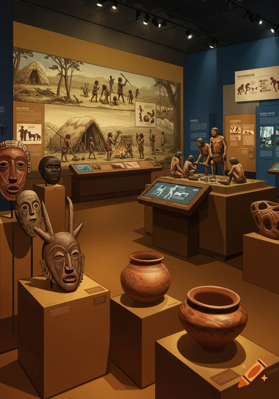 An anthropology museum exhibit with dioramas of early humans, ancient masks, and pottery on display in a warm-toned room.