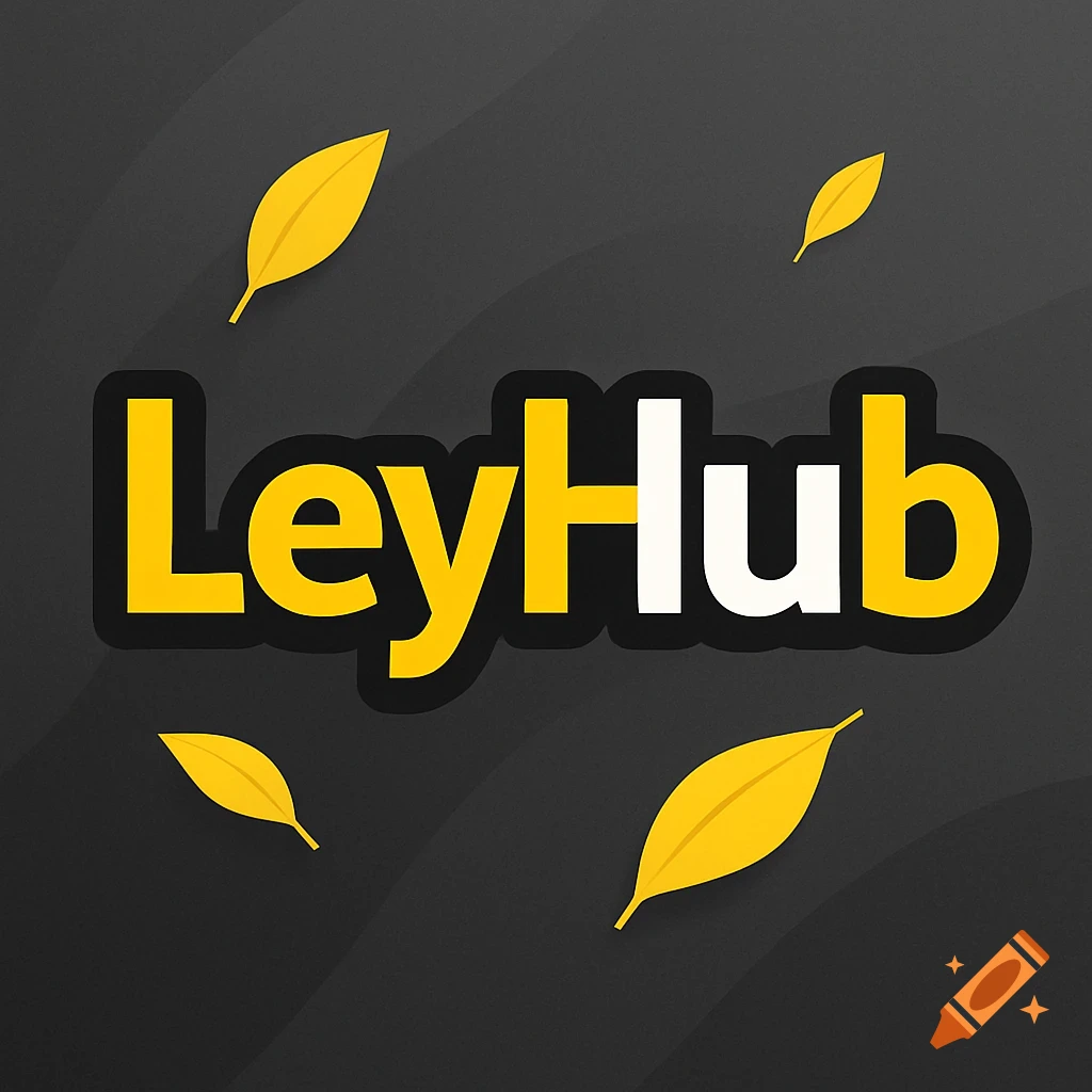 A graphic logo featuring the word "LeyHub" in yellow and white, with yellow leaves scattered on a dark grey background.
