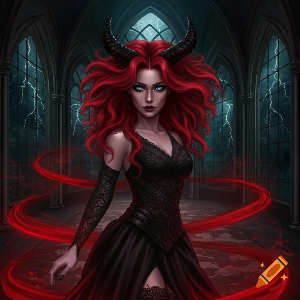 Digital art of a red-haired demon woman with horns, blue eyes, in a black gothic dress, standing in a dark hall with swirling red energy.