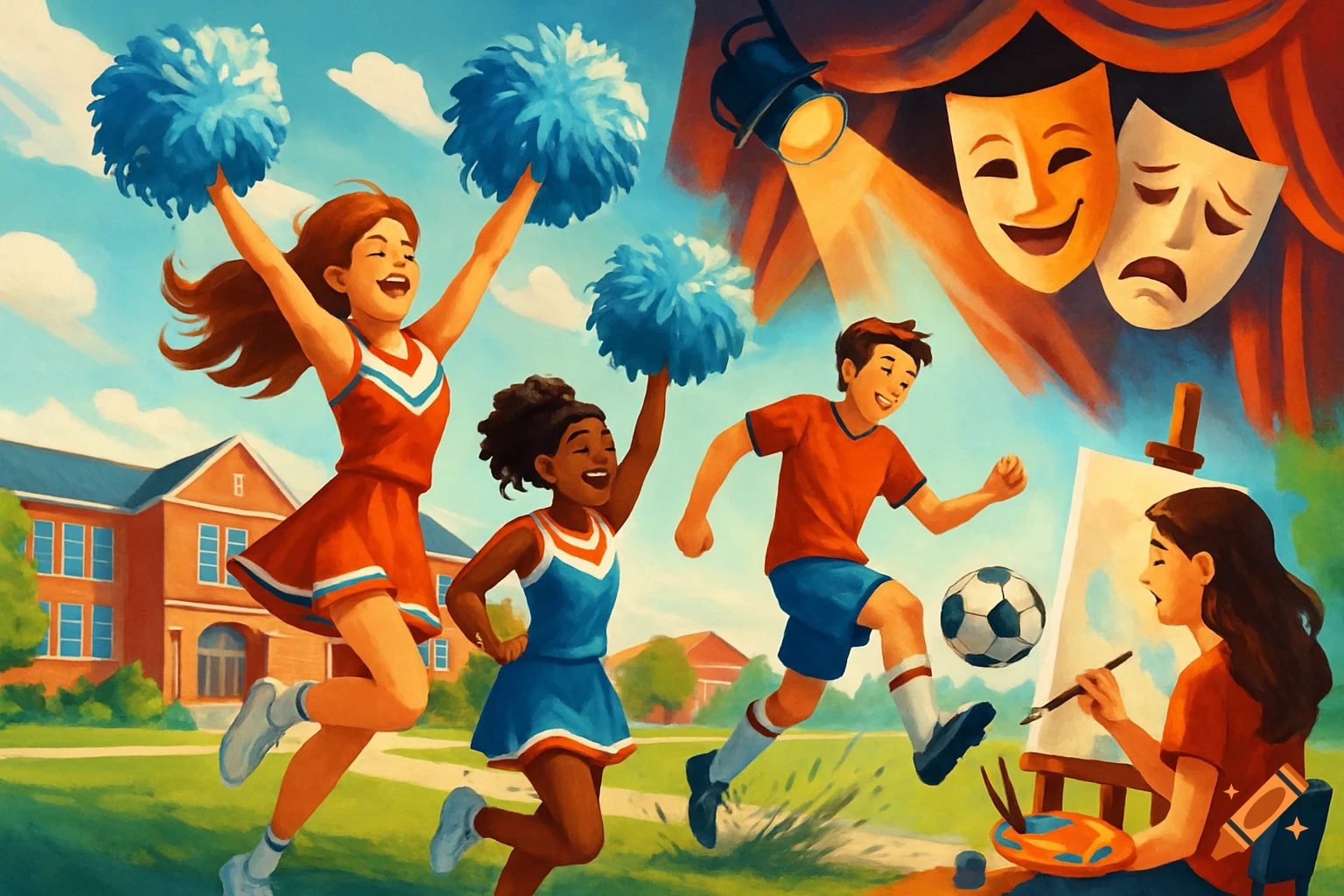 Illustration of children engaging in extracurricular activities like cheerleading, soccer, art, and theater outside a school.