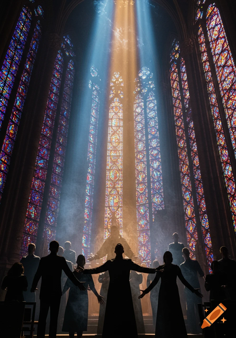Dramatic scene of silhouettes in a cathedral with light rays streaming through colorful stained glass windows.