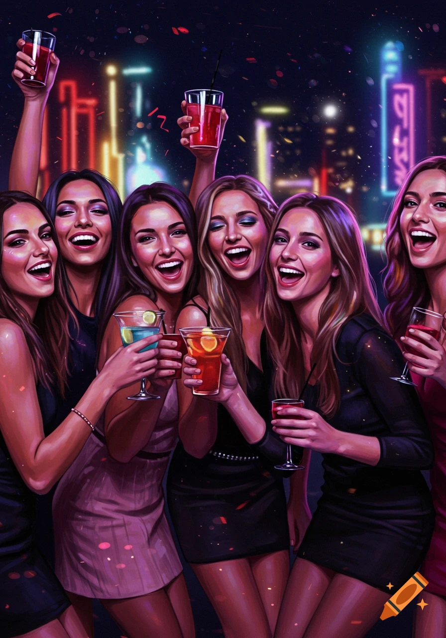 A group of happy young women in party dresses celebrating with drinks against a dark background with colorful neon lights.